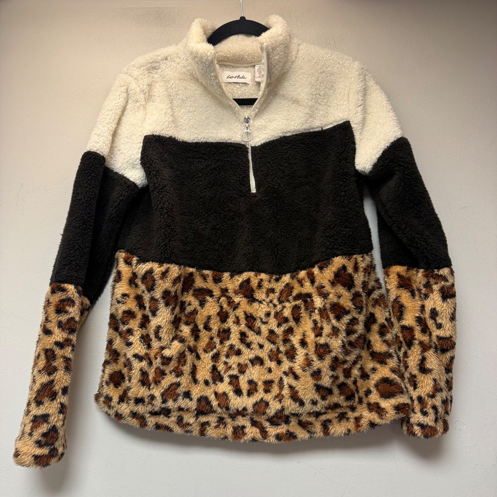 Le Moda Sherpa Pullover Womens Small Black Cream Leopard Print Excellent Zip Up